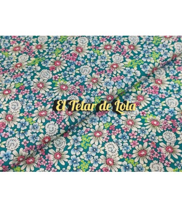 ALGODON /ELASTAN FLORES VERDE-AZUL