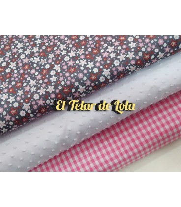 POPELIN FLORES CURVAS GRIS/ROSA