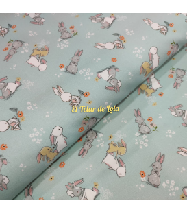 POPELIN CONEJOS VERDE AGUA