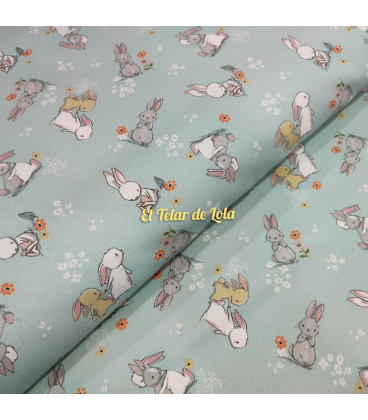 POPELIN CONEJOS VERDE AGUA